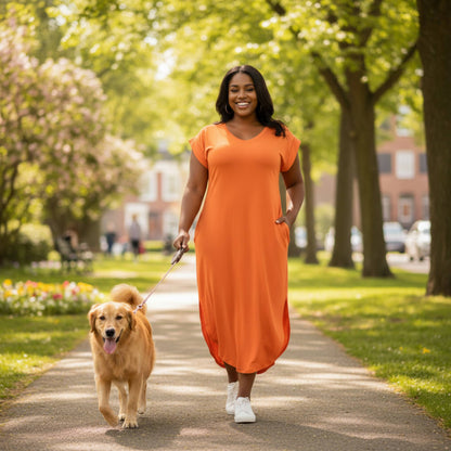 Plus Size Hidden Pocket Batwing Sleeve V Neck Long Dress - ZumBuys