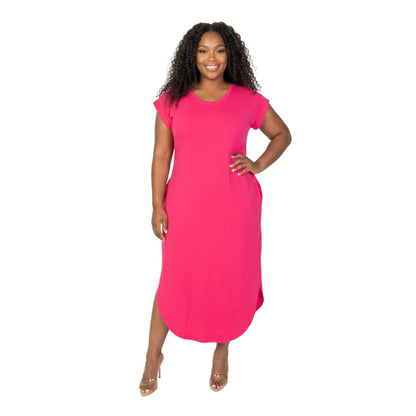 Plus Size Hidden Pocket Batwing Sleeve V Neck Long Dress - ZumBuys