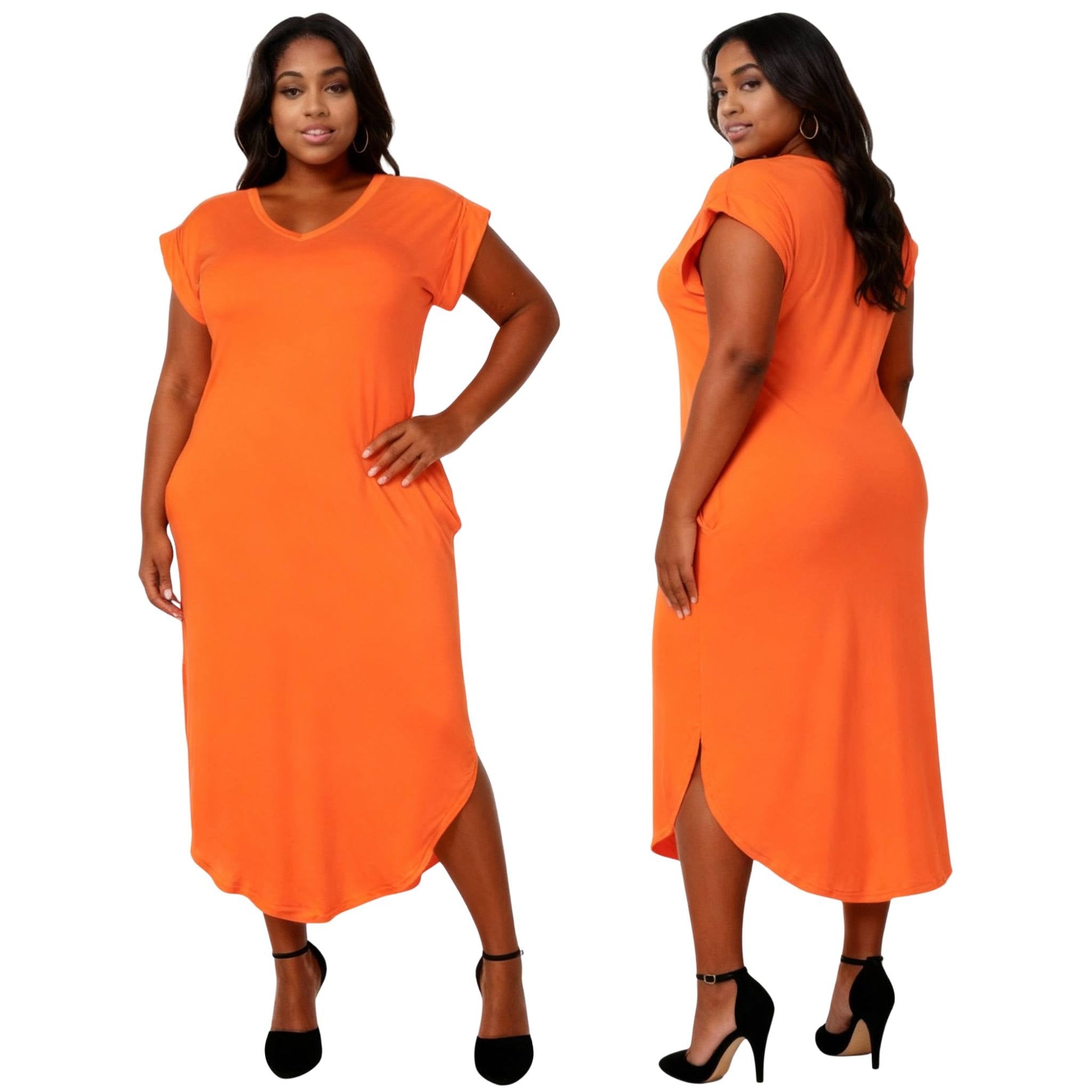 Plus Size Hidden Pocket Batwing Sleeve V Neck Long Dress - ZumBuys