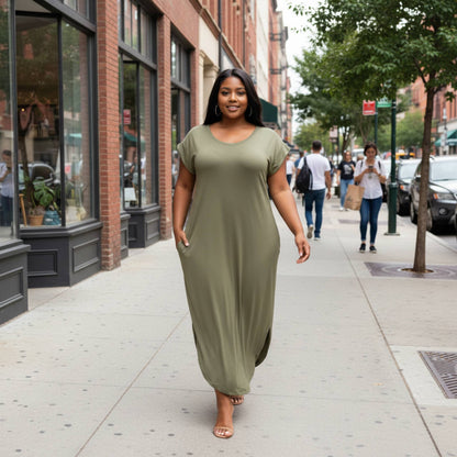 Plus Size Hidden Pocket Batwing Sleeve V Neck Long Dress - ZumBuys