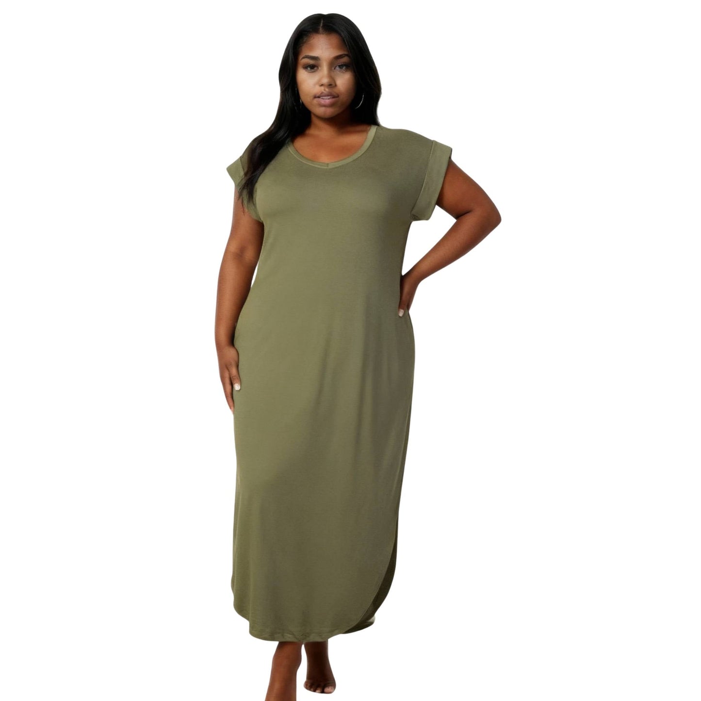 Plus Size Hidden Pocket Batwing Sleeve V Neck Long Dress - ZumBuys