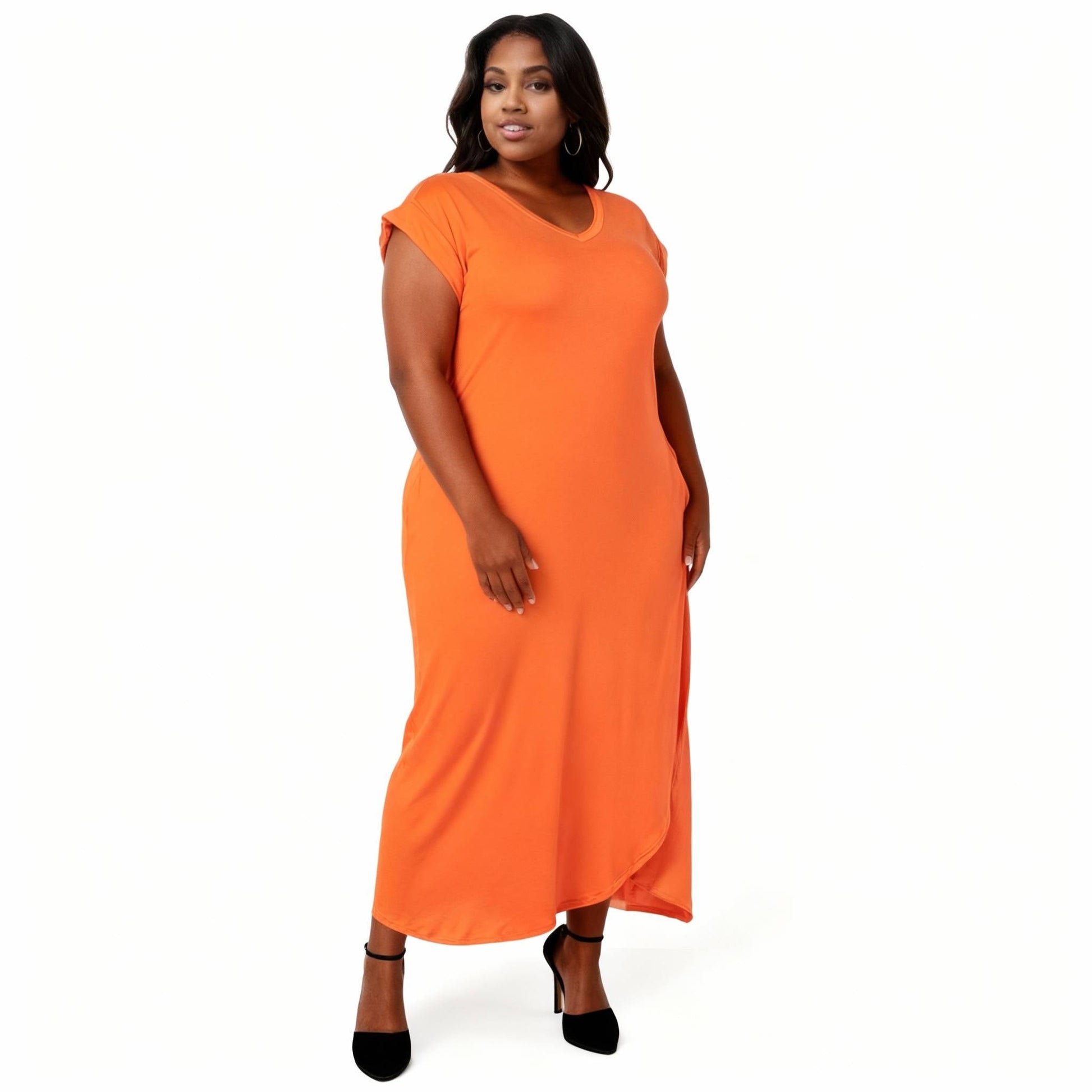 Plus Size Hidden Pocket Batwing Sleeve V Neck Long Dress - ZumBuys