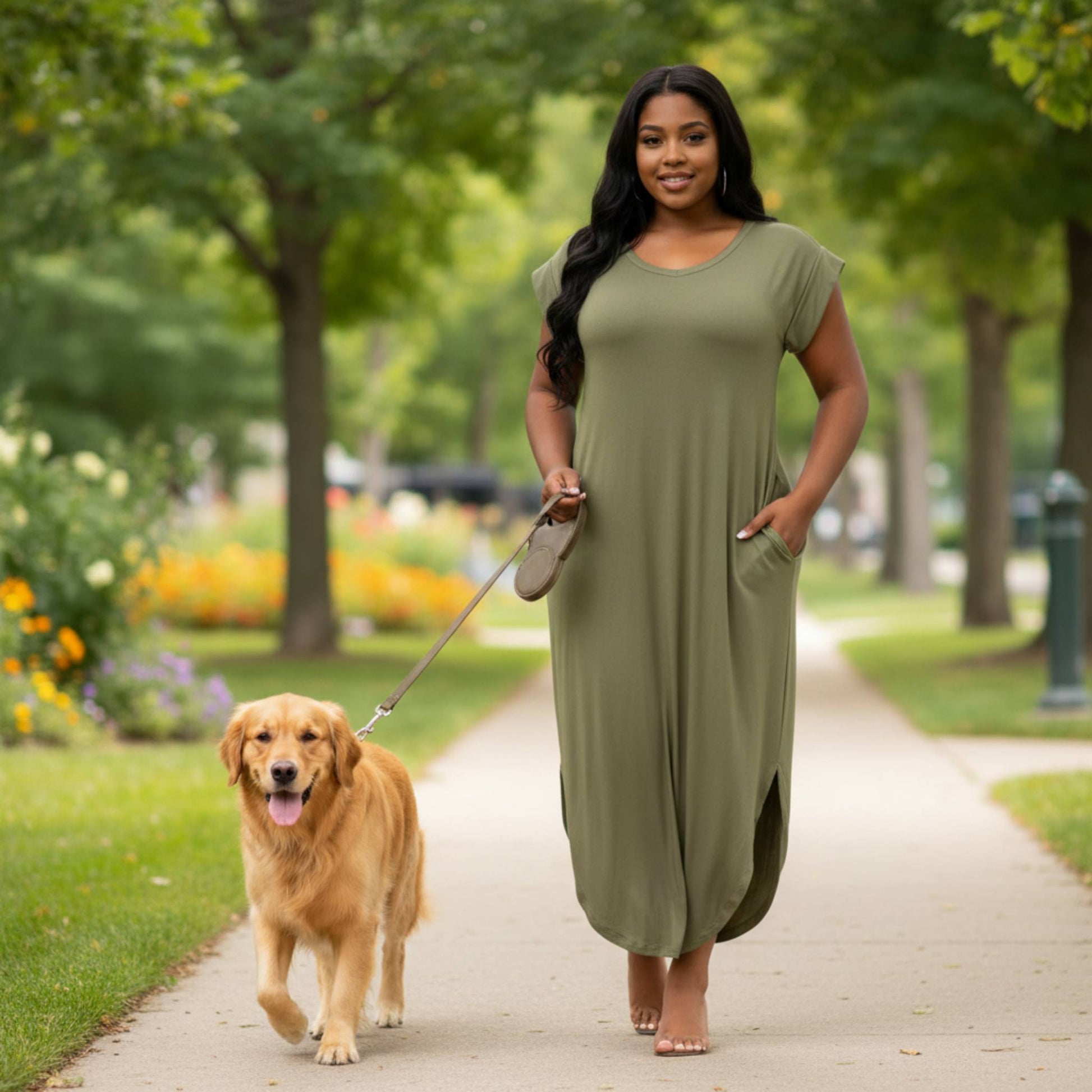 Plus Size Hidden Pocket Batwing Sleeve V Neck Long Dress - ZumBuys