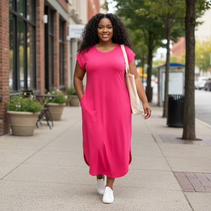 Plus Size Hidden Pocket Batwing Sleeve V Neck Long Dress - ZumBuys