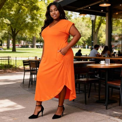 Plus Size Hidden Pocket Batwing Sleeve V Neck Long Dress - ZumBuys