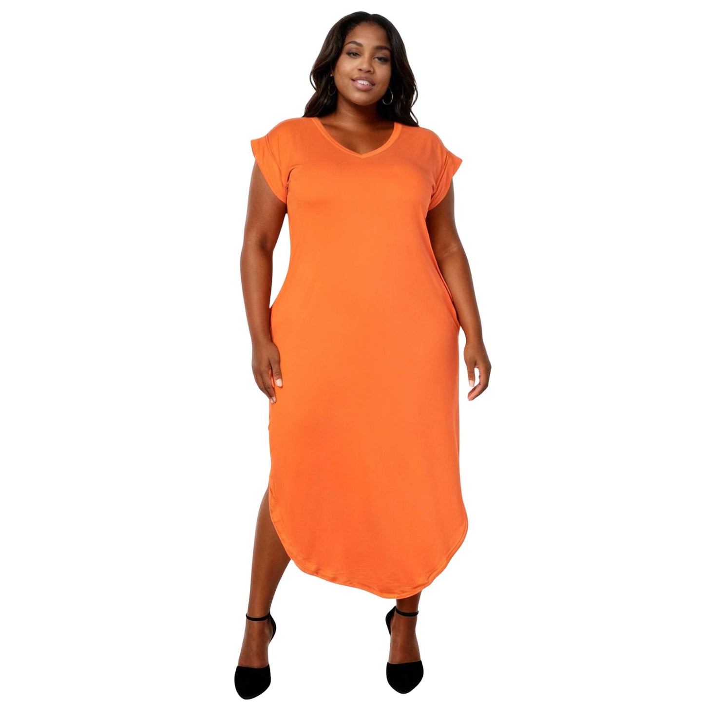 Plus Size Hidden Pocket Batwing Sleeve V Neck Long Dress - ZumBuys