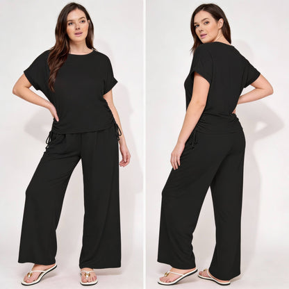 Plus Size Knit Linen Pleated Wide Leg Pants - ZumBuys