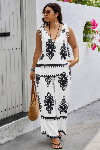 Plus Size Printed Knot Shoulder Wide Leg Sets - ZumBuys