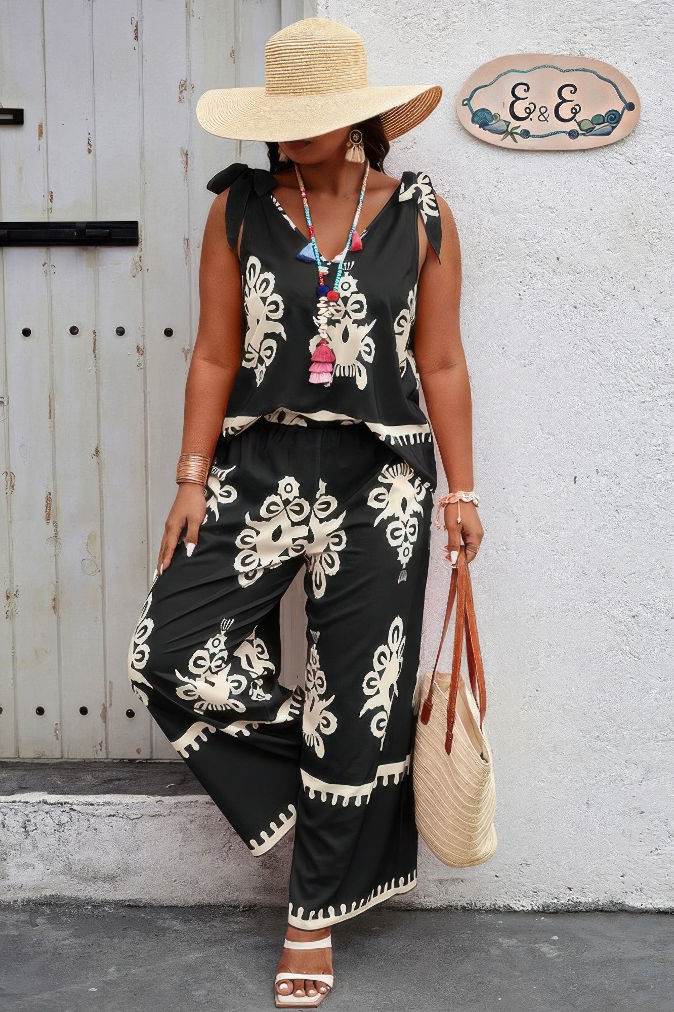 Plus Size Printed Knot Shoulder Wide Leg Sets - ZumBuys