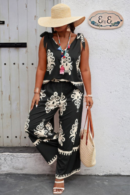 Plus Size Printed Knot Shoulder Wide Leg Sets - ZumBuys