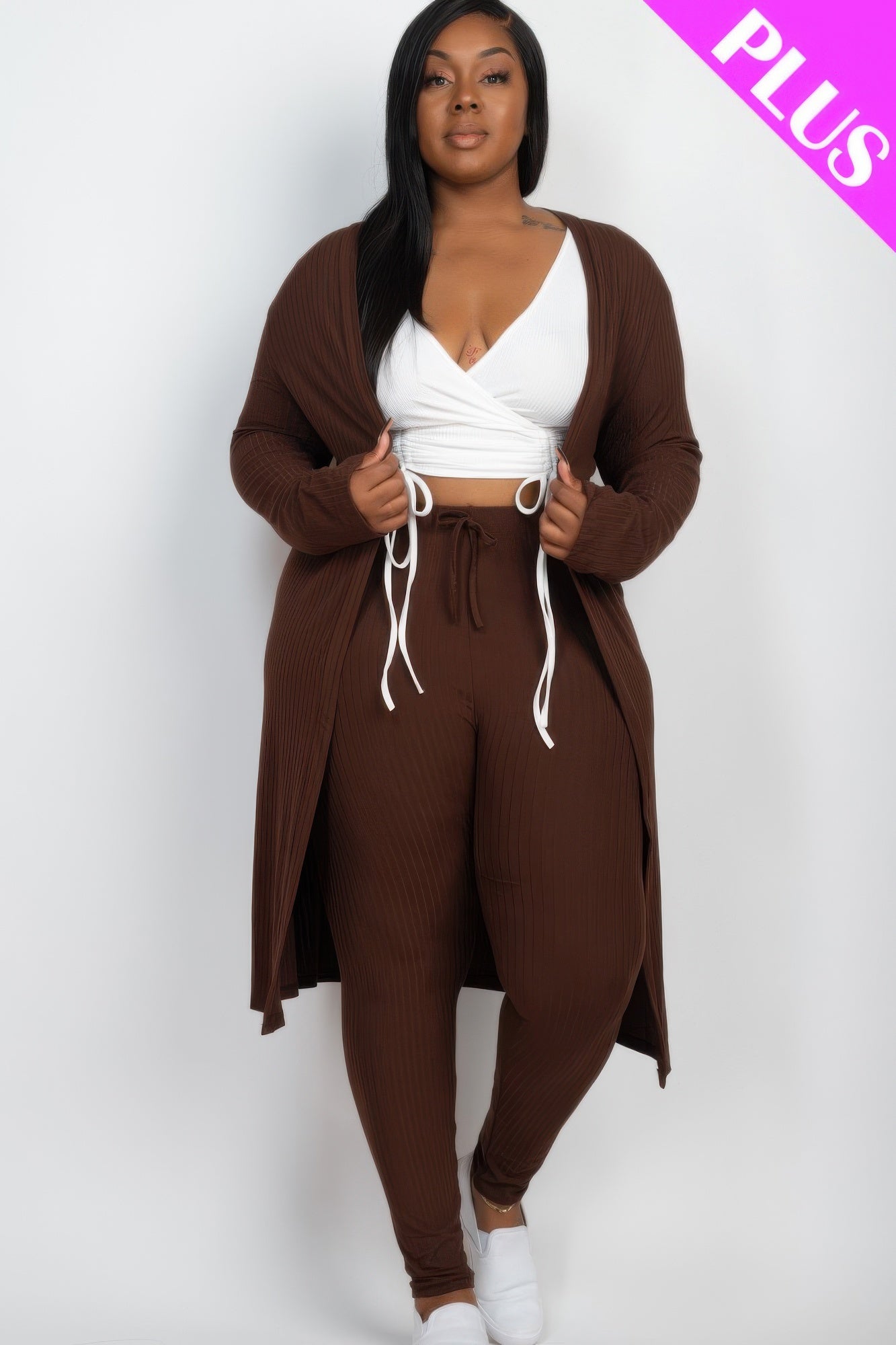 Plus Size Ribbed Long Cardigan & Leggings Set - ZumBuys