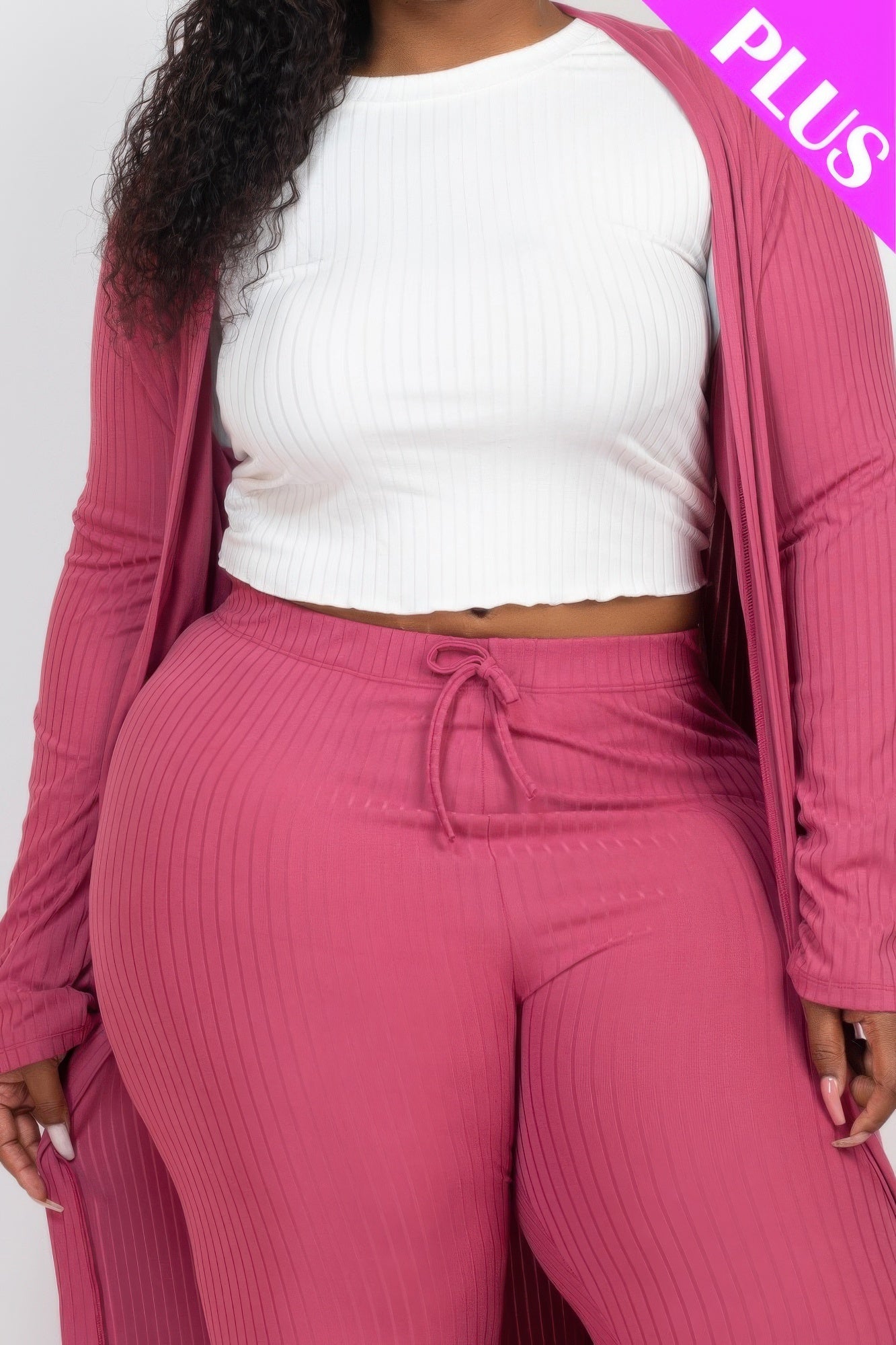 Plus Size Ribbed Long Cardigan & Leggings Set - ZumBuys