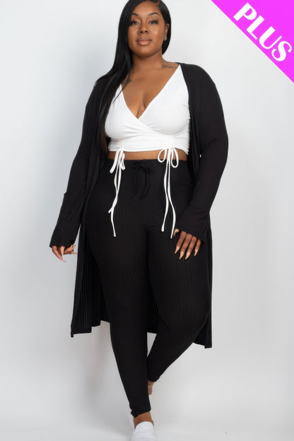 Plus Size Ribbed Long Cardigan & Leggings Set - ZumBuys