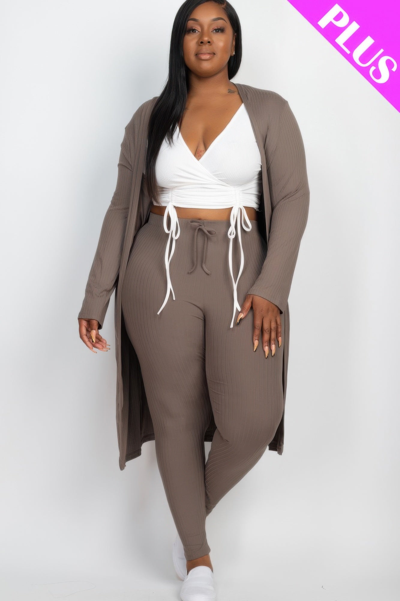 Plus Size Ribbed Long Cardigan & Leggings Set - ZumBuys