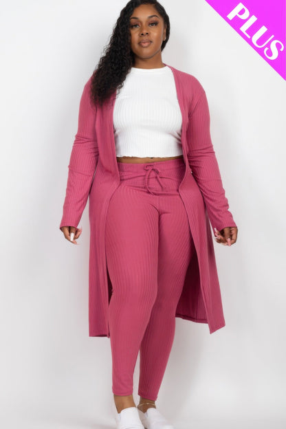Plus Size Ribbed Long Cardigan & Leggings Set - ZumBuys