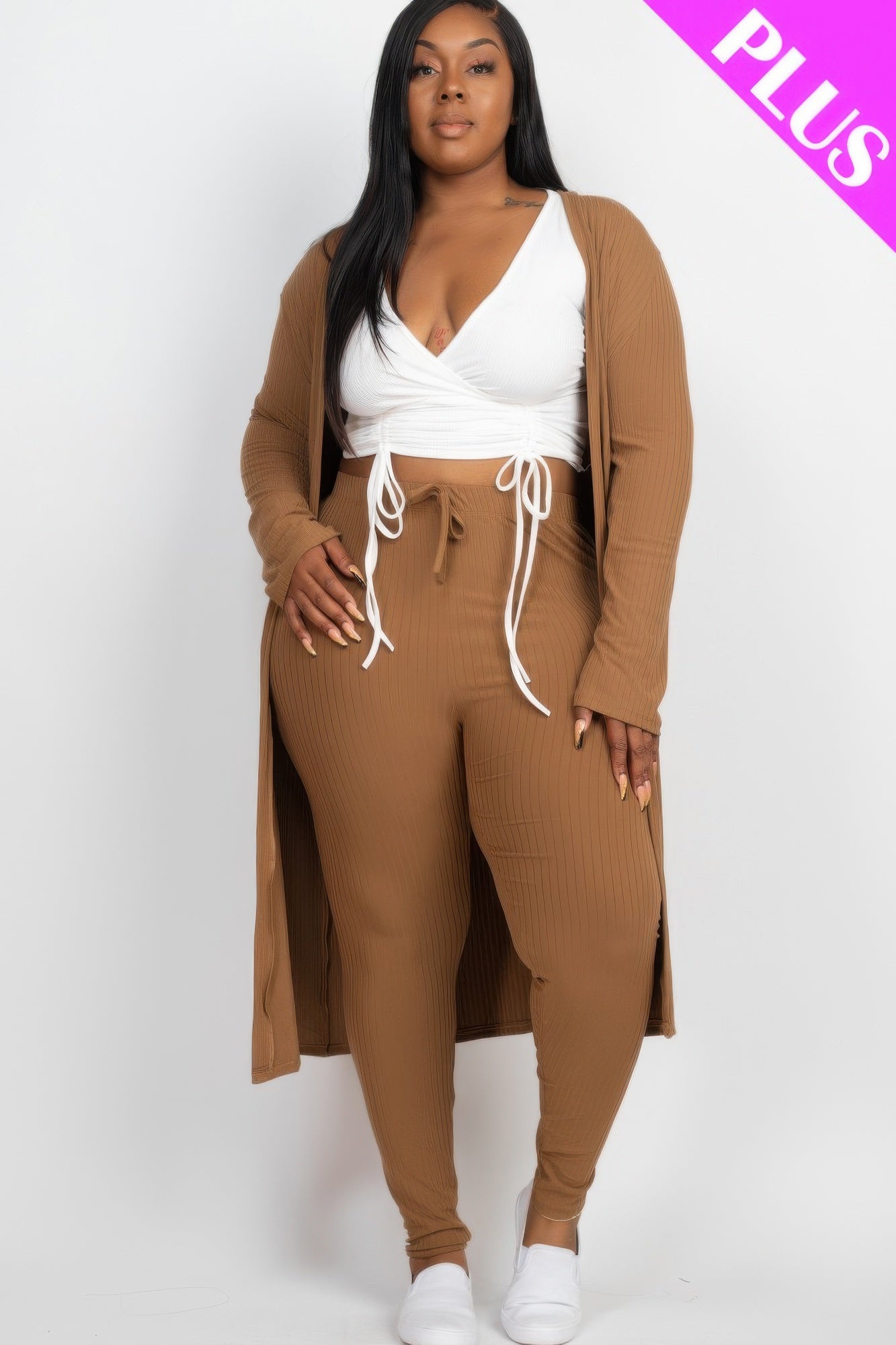Plus Size Ribbed Long Cardigan & Leggings Set - ZumBuys