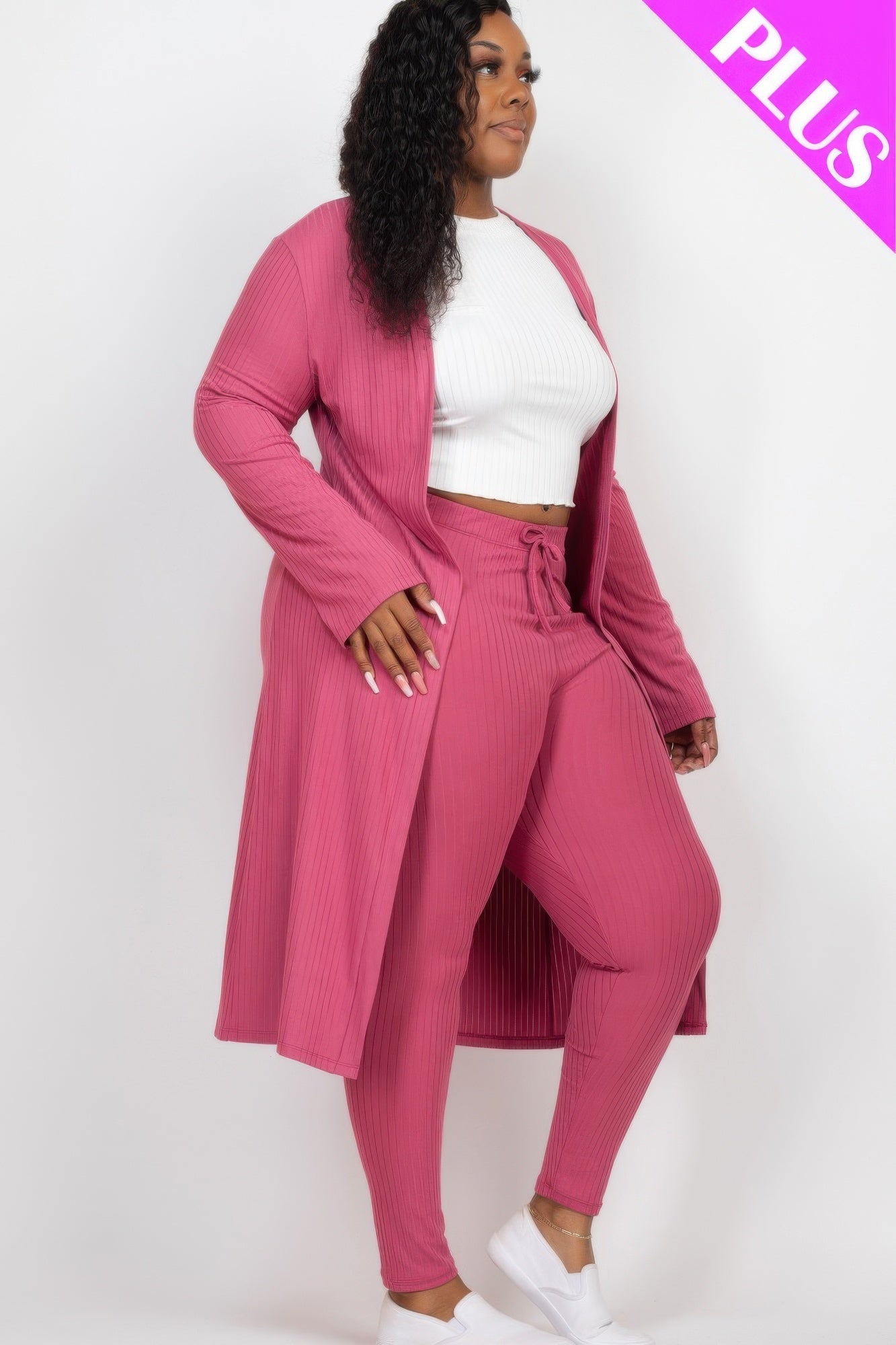 Plus Size Ribbed Long Cardigan & Leggings Set - ZumBuys