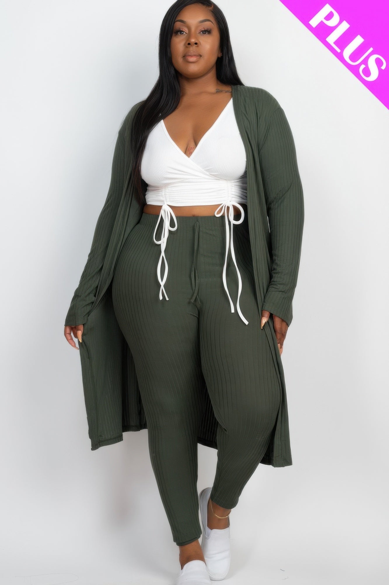 Plus Size Ribbed Long Cardigan & Leggings Set - ZumBuys