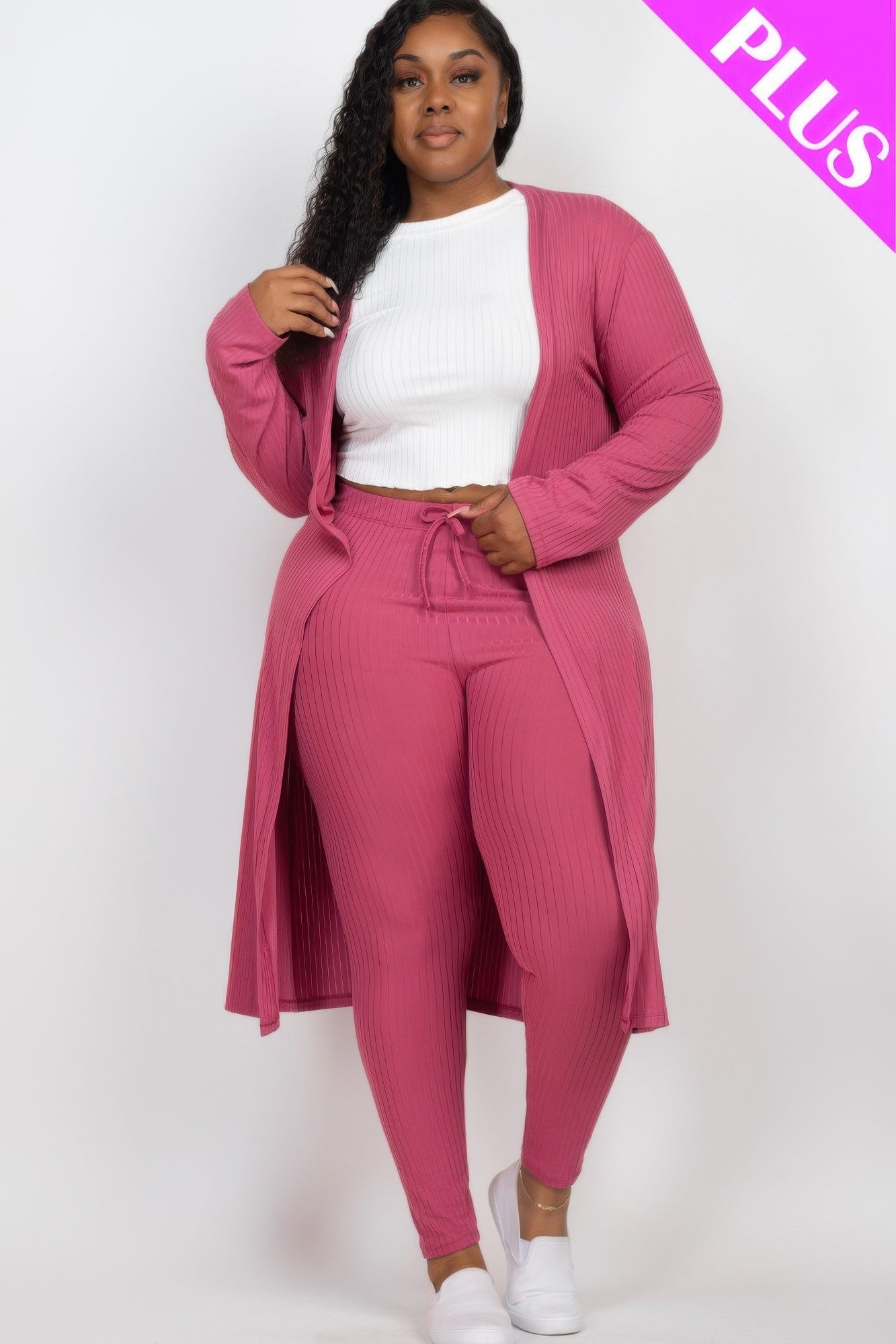 Plus Size Ribbed Long Cardigan & Leggings Set - ZumBuys