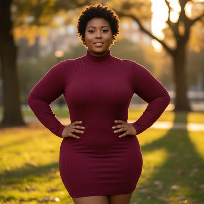 Plus Size Ribbed Long Sleeve Mock Neck Mini Bodycon Dress - ZumBuys