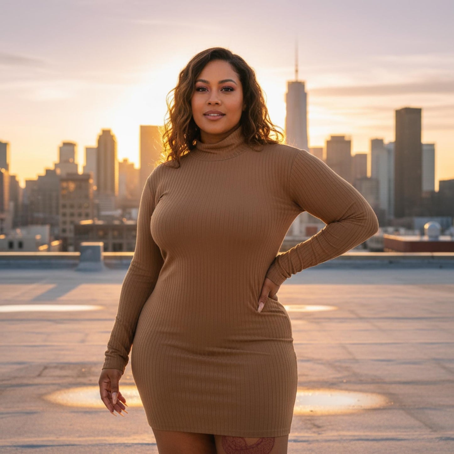 Plus Size Ribbed Long Sleeve Mock Neck Mini Bodycon Dress - ZumBuys