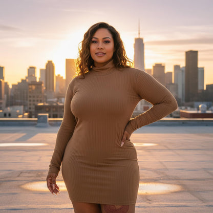 Plus Size Ribbed Long Sleeve Mock Neck Mini Bodycon Dress - ZumBuys