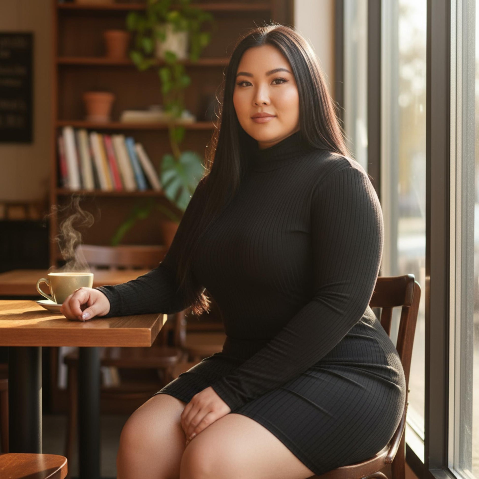 Plus Size Ribbed Long Sleeve Mock Neck Mini Bodycon Dress - ZumBuys