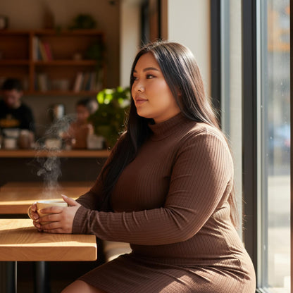 Plus Size Ribbed Long Sleeve Mock Neck Mini Bodycon Dress - ZumBuys