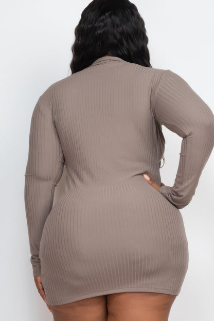 Plus Size Ribbed Long Sleeve Mock Neck Mini Bodycon Dress - ZumBuys