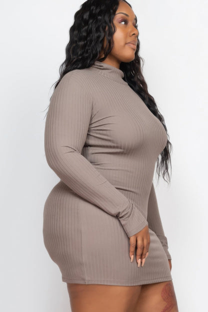 Plus Size Ribbed Long Sleeve Mock Neck Mini Bodycon Dress - ZumBuys