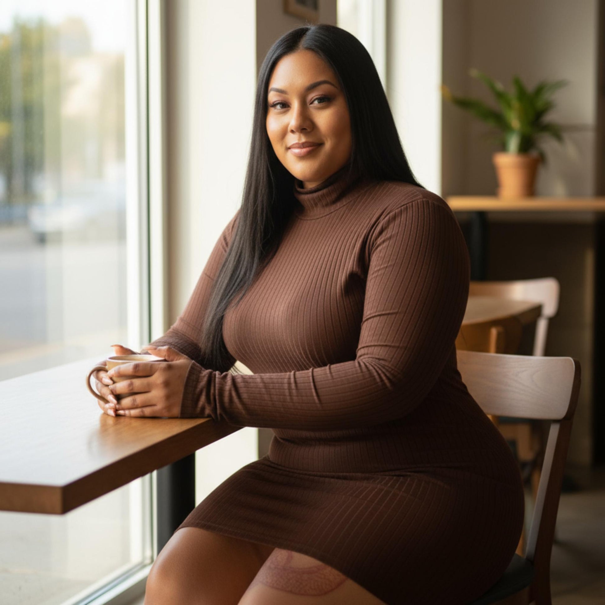 Plus Size Ribbed Long Sleeve Mock Neck Mini Bodycon Dress - ZumBuys