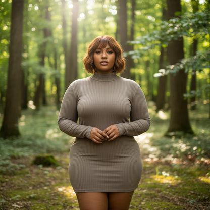 Plus Size Ribbed Long Sleeve Mock Neck Mini Bodycon Dress - ZumBuys