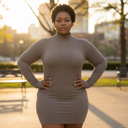 Plus Size Ribbed Long Sleeve Mock Neck Mini Bodycon Dress - ZumBuys