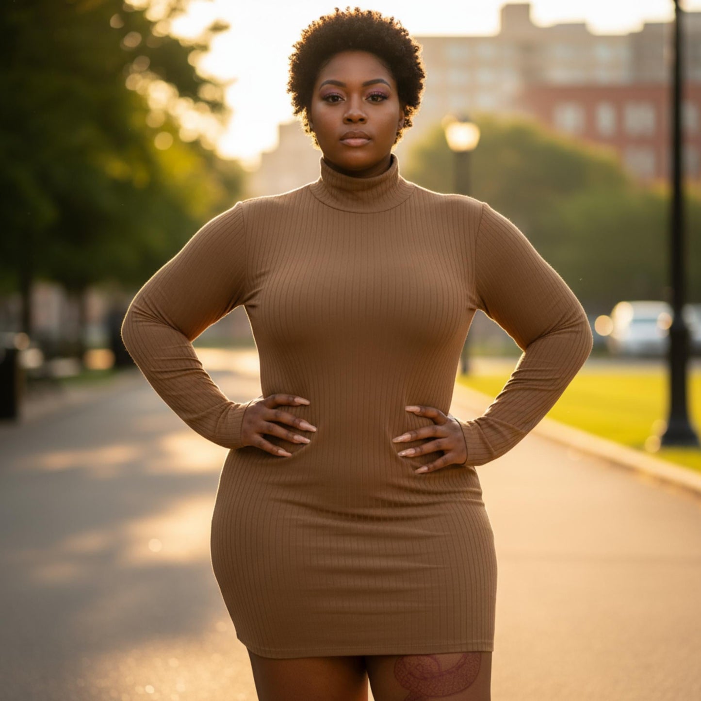 Plus Size Ribbed Long Sleeve Mock Neck Mini Bodycon Dress - ZumBuys