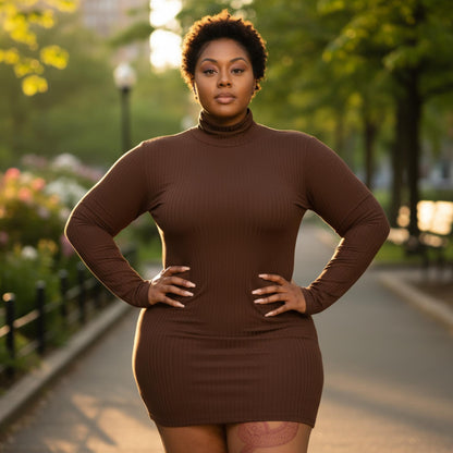 Plus Size Ribbed Long Sleeve Mock Neck Mini Bodycon Dress - ZumBuys