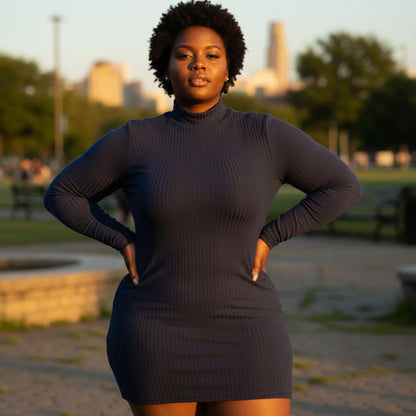 Plus Size Ribbed Long Sleeve Mock Neck Mini Bodycon Dress - ZumBuys