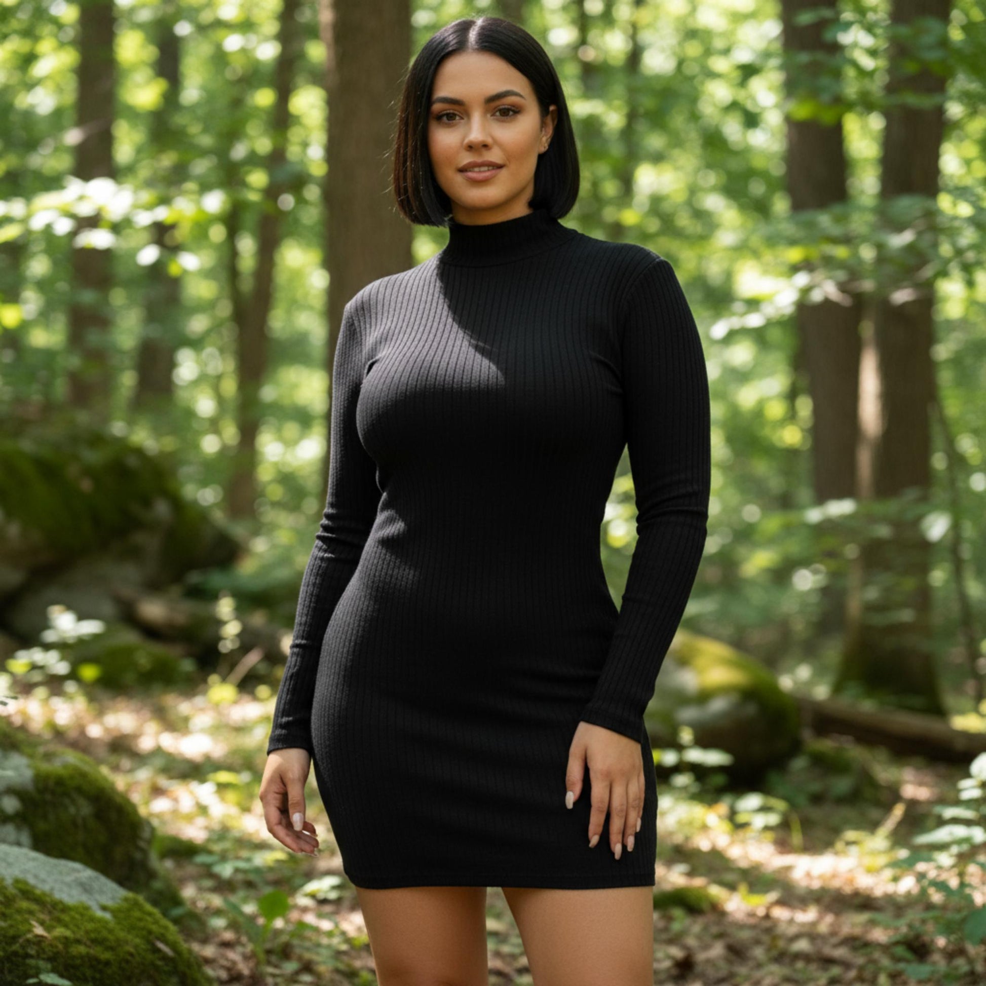 Plus Size Ribbed Long Sleeve Mock Neck Mini Bodycon Dress - ZumBuys