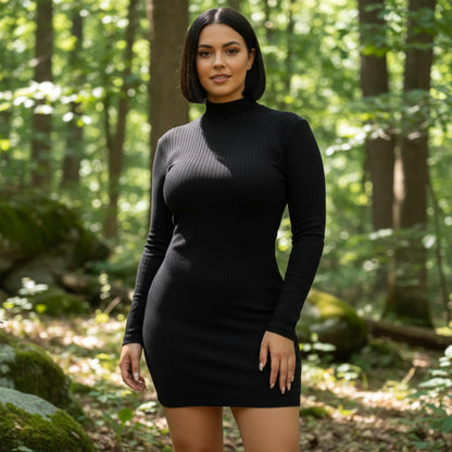 Plus Size Ribbed Long Sleeve Mock Neck Mini Bodycon Dress - ZumBuys