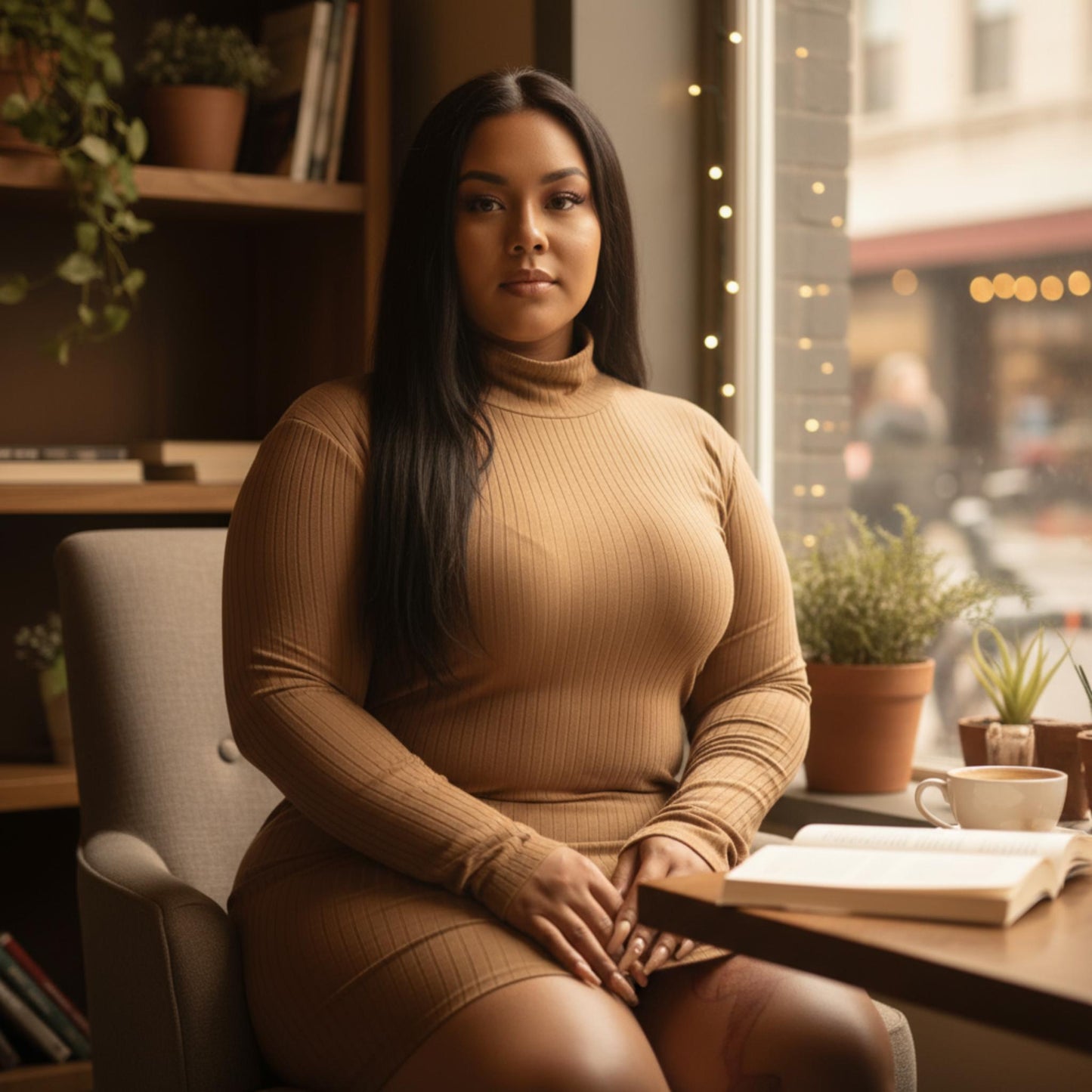 Plus Size Ribbed Long Sleeve Mock Neck Mini Bodycon Dress - ZumBuys