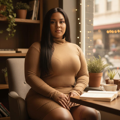 Plus Size Ribbed Long Sleeve Mock Neck Mini Bodycon Dress - ZumBuys