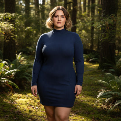Plus Size Ribbed Long Sleeve Mock Neck Mini Bodycon Dress - ZumBuys