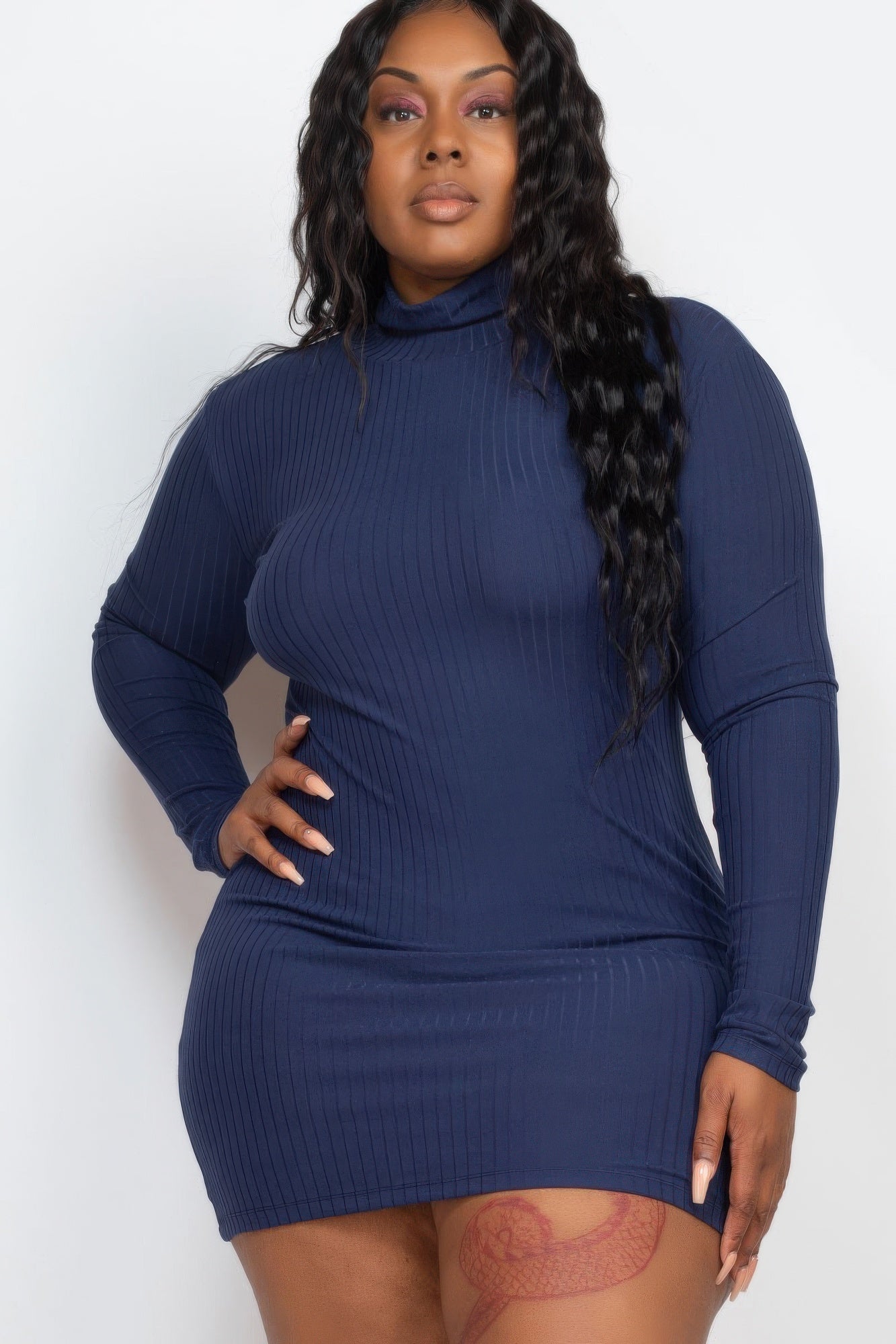 Plus Size Ribbed Long Sleeve Mock Neck Mini Bodycon Dress - ZumBuys