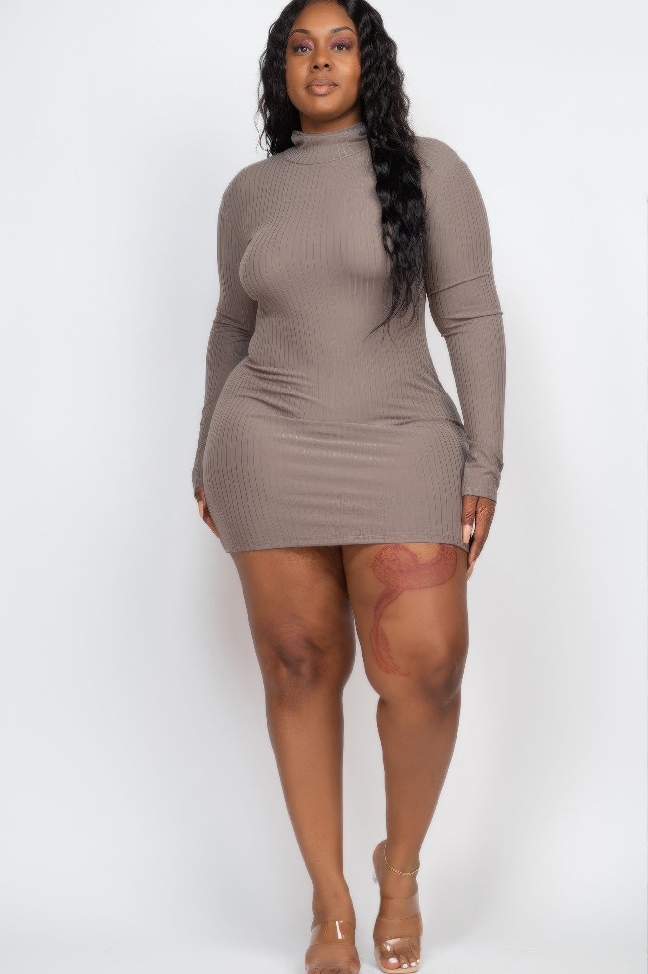 Plus Size Ribbed Long Sleeve Mock Neck Mini Bodycon Dress - ZumBuys