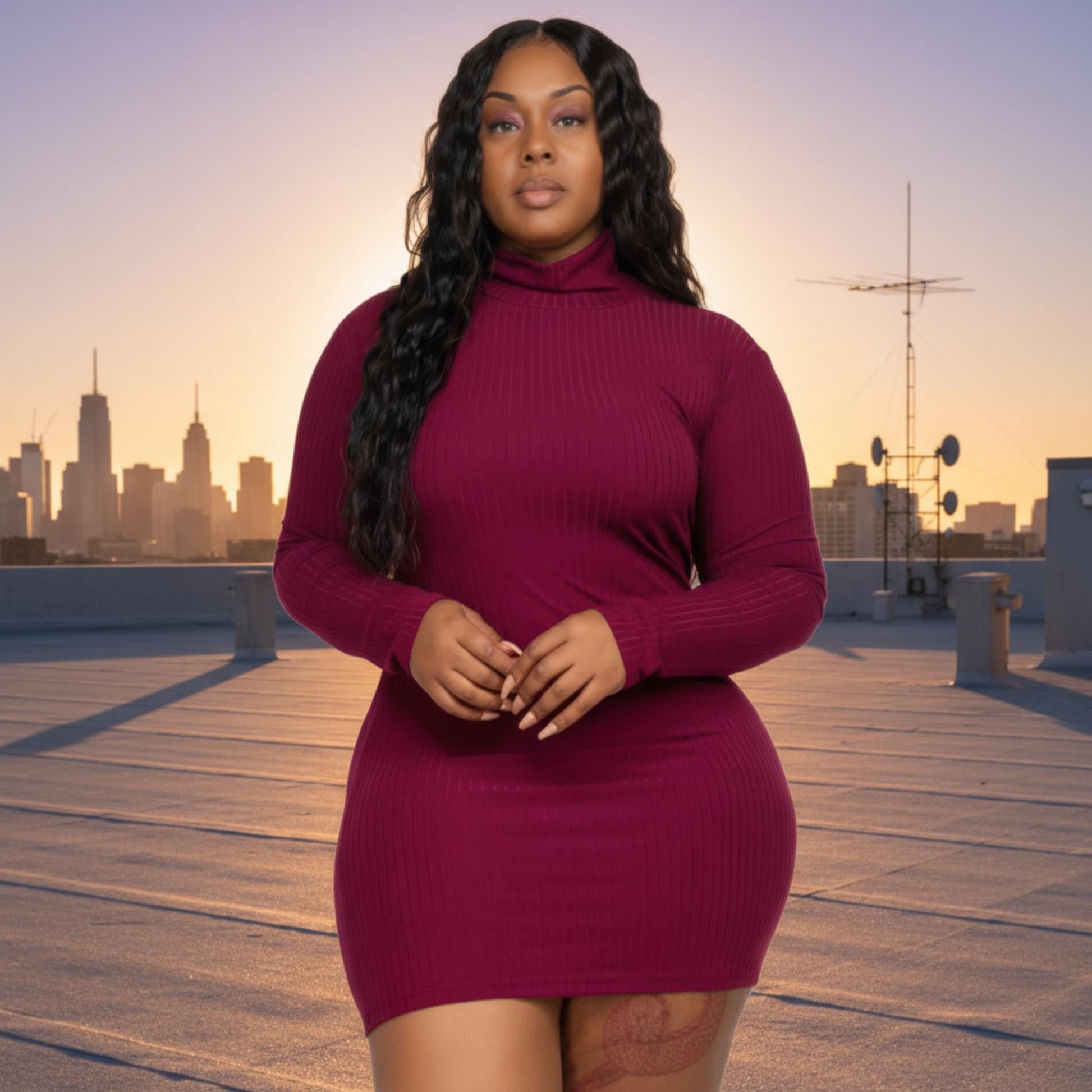 Plus Size Ribbed Long Sleeve Mock Neck Mini Bodycon Dress - ZumBuys