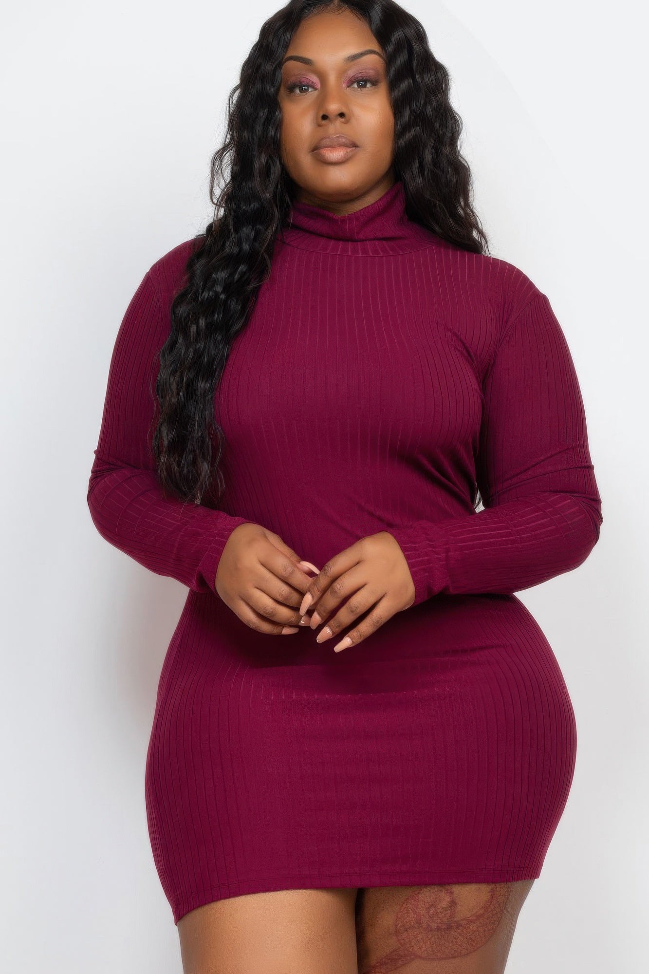 Plus Size Ribbed Long Sleeve Mock Neck Mini Bodycon Dress - ZumBuys