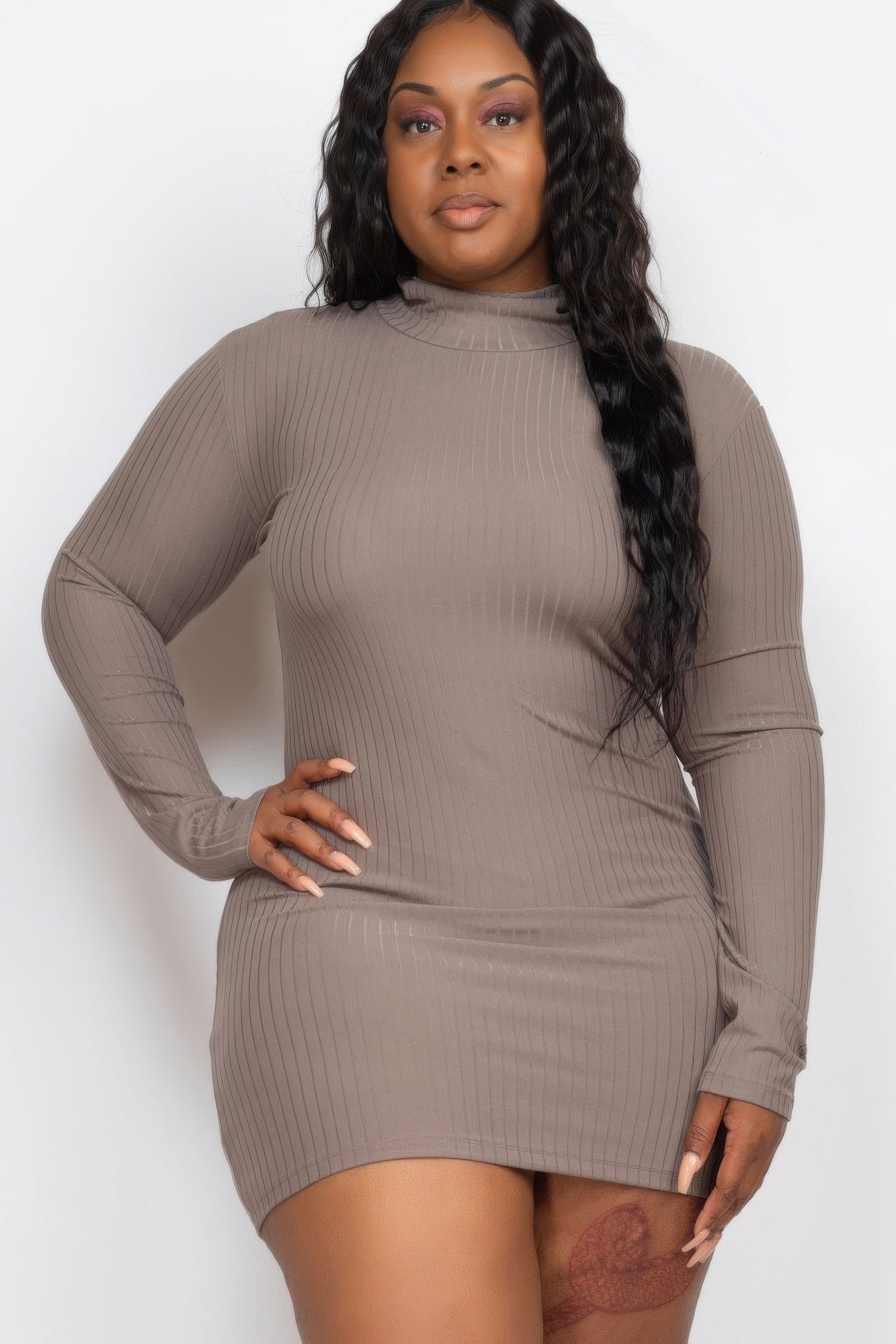 Plus Size Ribbed Long Sleeve Mock Neck Mini Bodycon Dress - ZumBuys