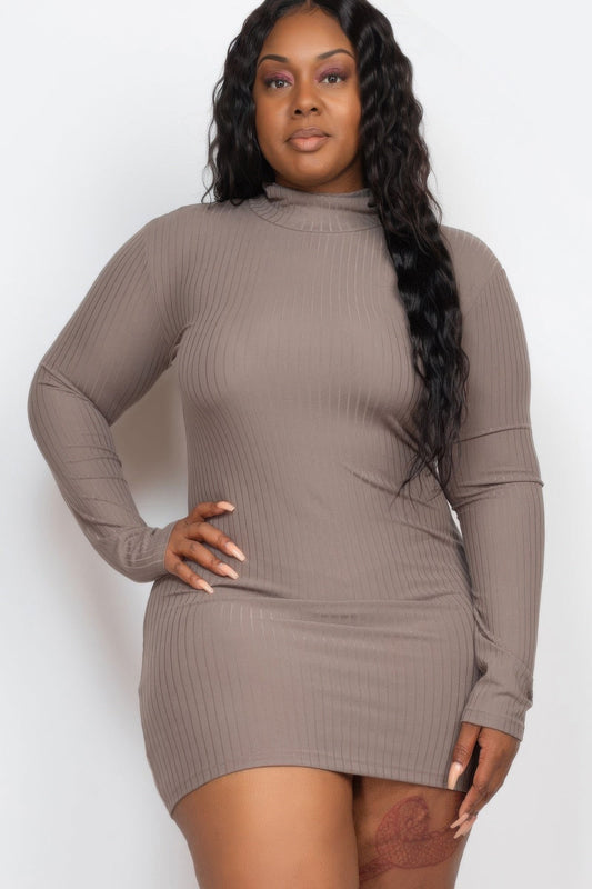 Plus Size Ribbed Long Sleeve Mock Neck Mini Bodycon Dress - ZumBuys