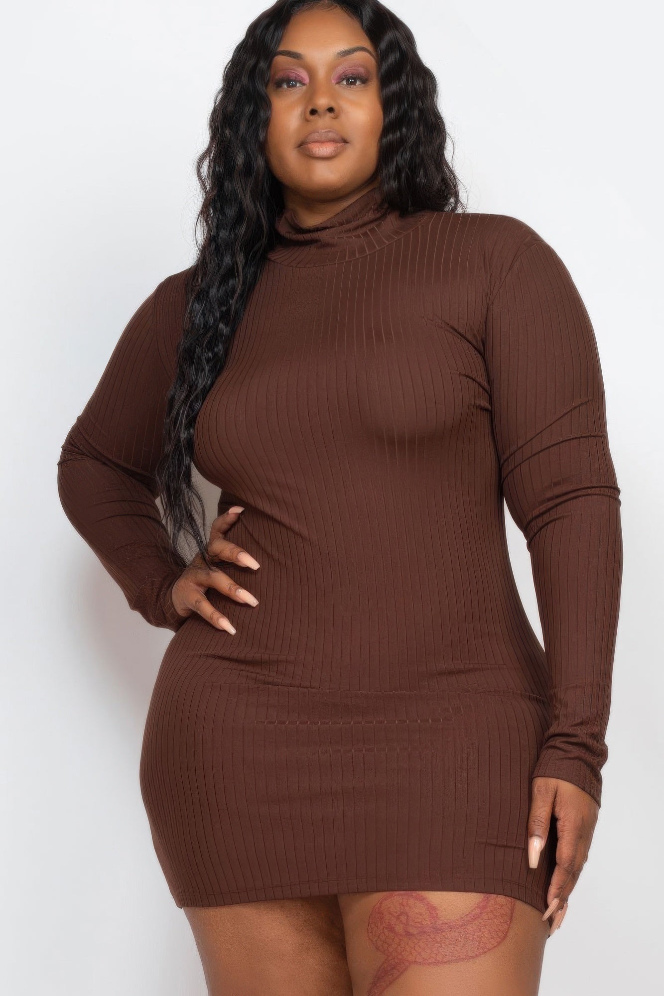 Plus Size Ribbed Long Sleeve Mock Neck Mini Bodycon Dress - ZumBuys
