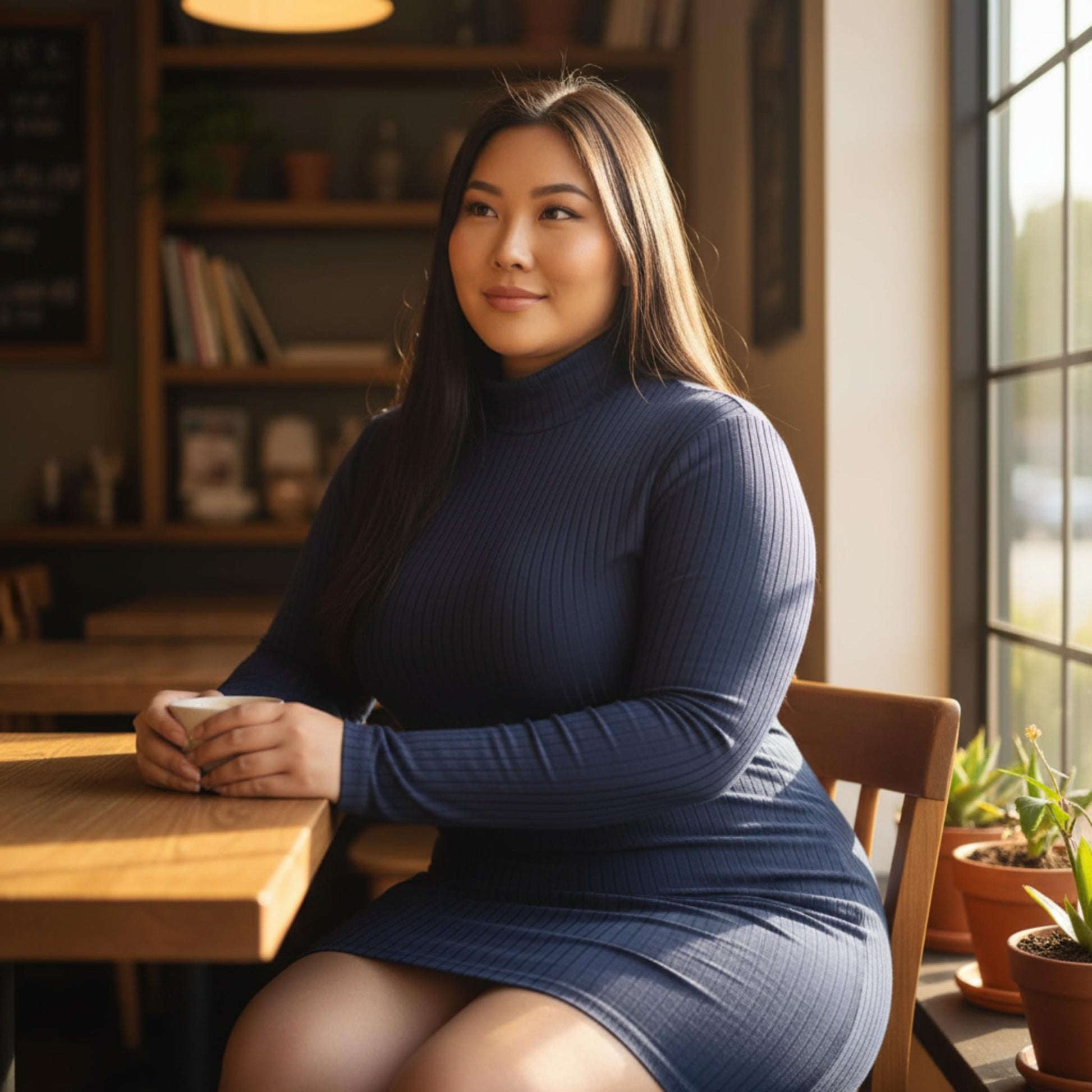 Plus Size Ribbed Long Sleeve Mock Neck Mini Bodycon Dress - ZumBuys