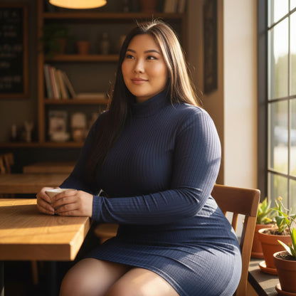 Plus Size Ribbed Long Sleeve Mock Neck Mini Bodycon Dress - ZumBuys